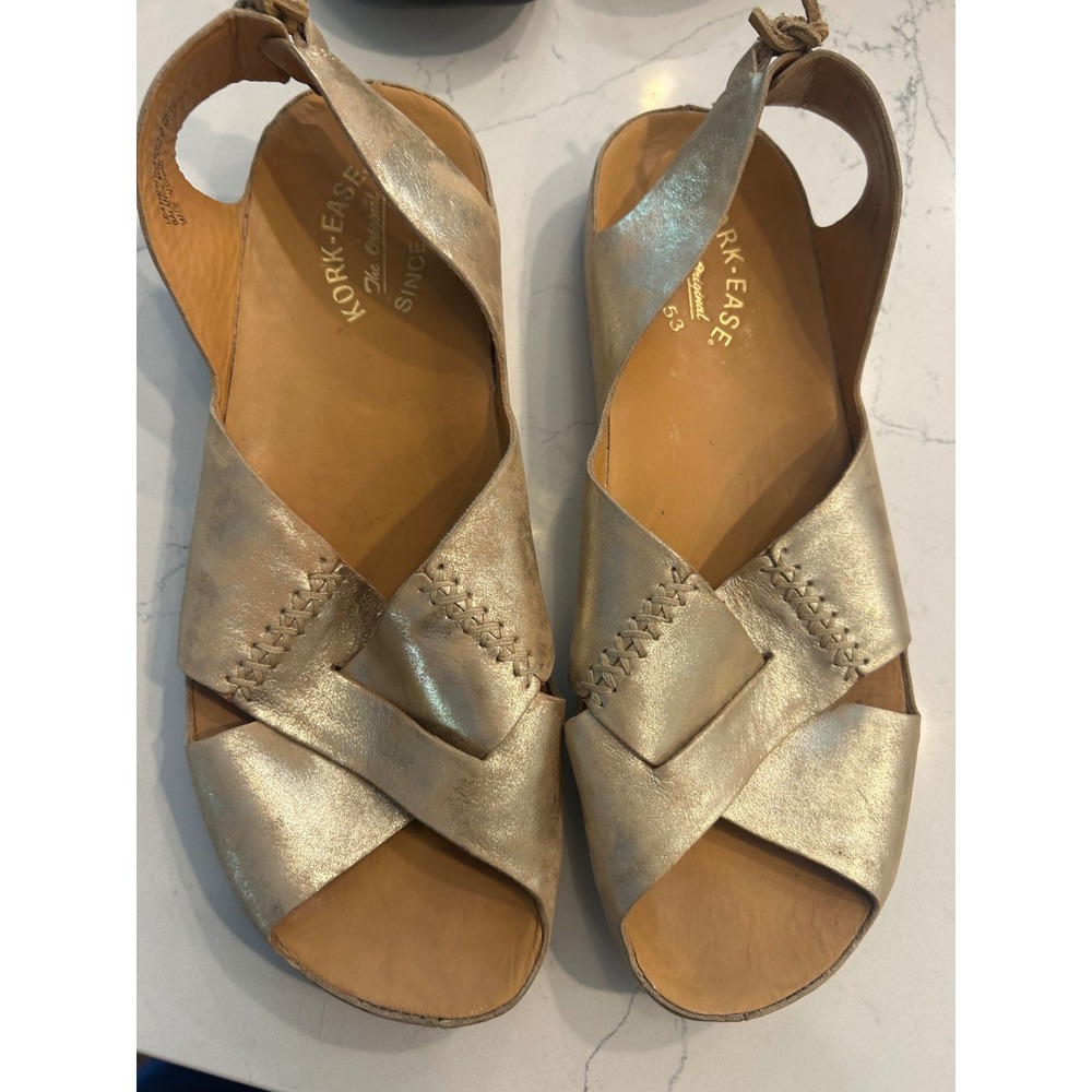Kork-Ease Slingback Sandals Gold Metallic Leather‎ Whipstitch K04810 Flat Shoes